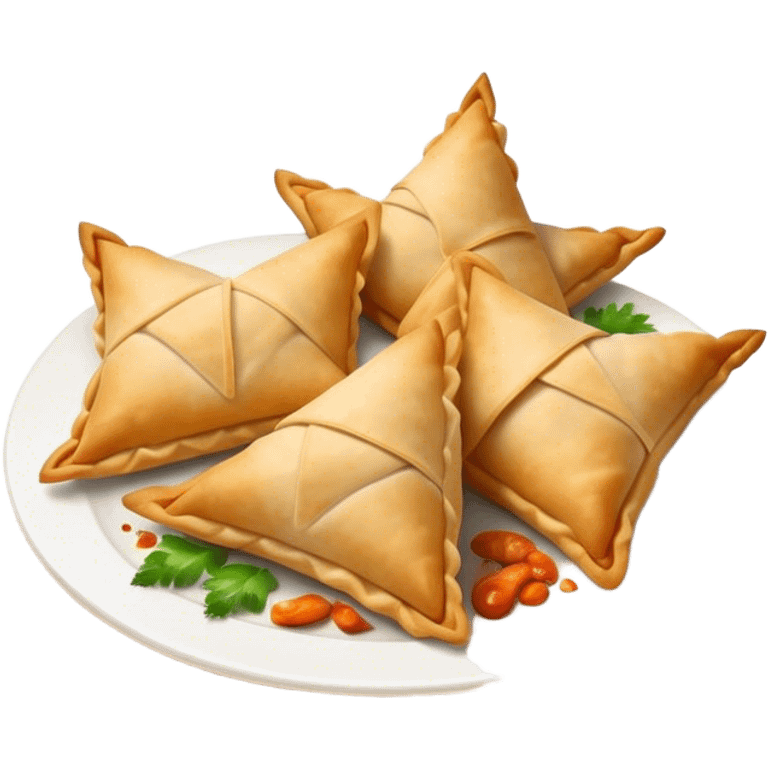 Cinematic Realistic Samosas Dish Emoji, depicted as golden, crispy pastry pockets filled with spiced vegetables rendered with detailed textures and appetizing lighting. emoji