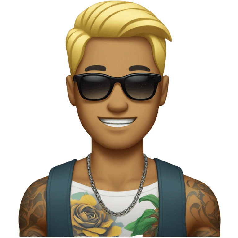 Tattooed Asian man with sunglasses and blonde hair emoji