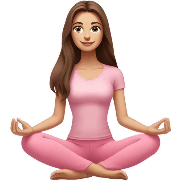 Brunette long hair and blue eyes yoga beautiful girl in light pink pink pink clothes sitting on a yoga mat emoji