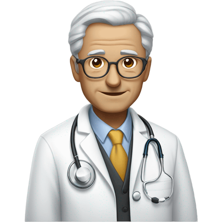 "An older man with thin, neatly combed gray hair, a sharp nose, and a cold, analytical look. He wears a pristine white coat, thin glasses, and carries a stethoscope." emoji