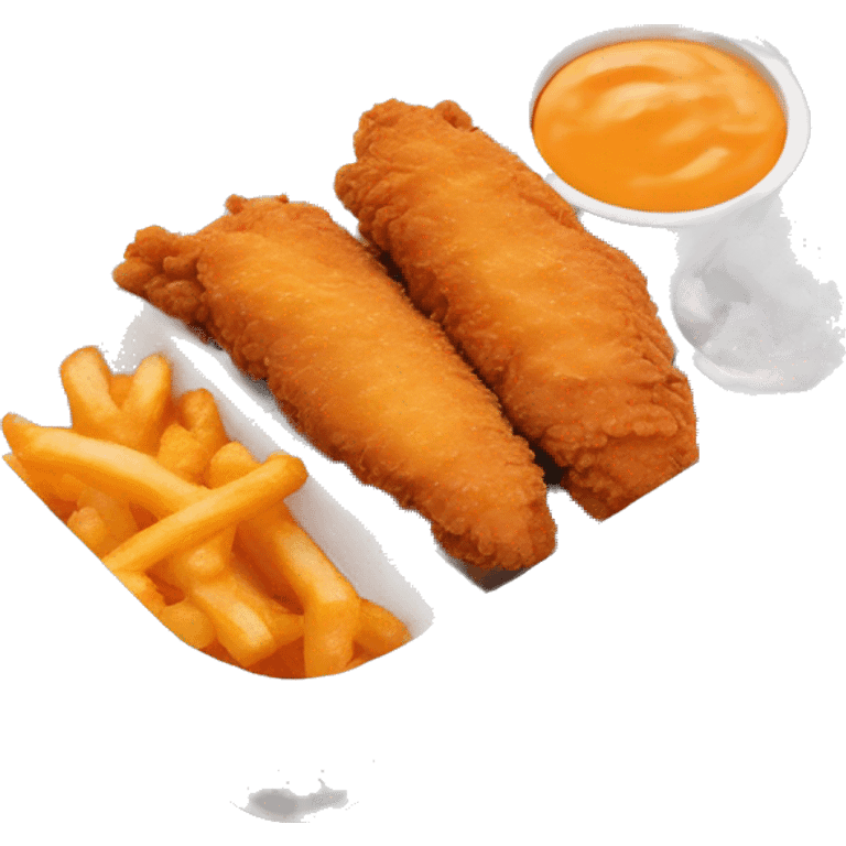 3 chicken tenders with crinkle fries and orange sauce on the side in a styrofoam container styrofoam container emoji