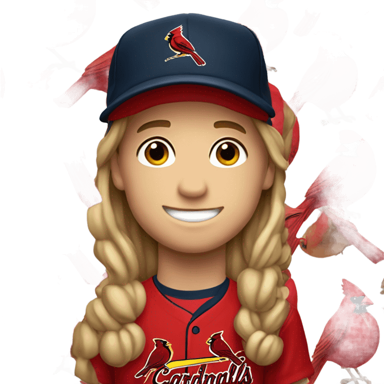 smiling boy with long hair with cardinals baseball hat emoji