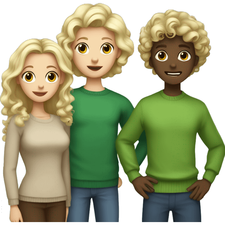 Family, two sisters, one blonde in a green sweater and curls, another sister with chocolate hair, in the middle, tall brother with dark hair emoji