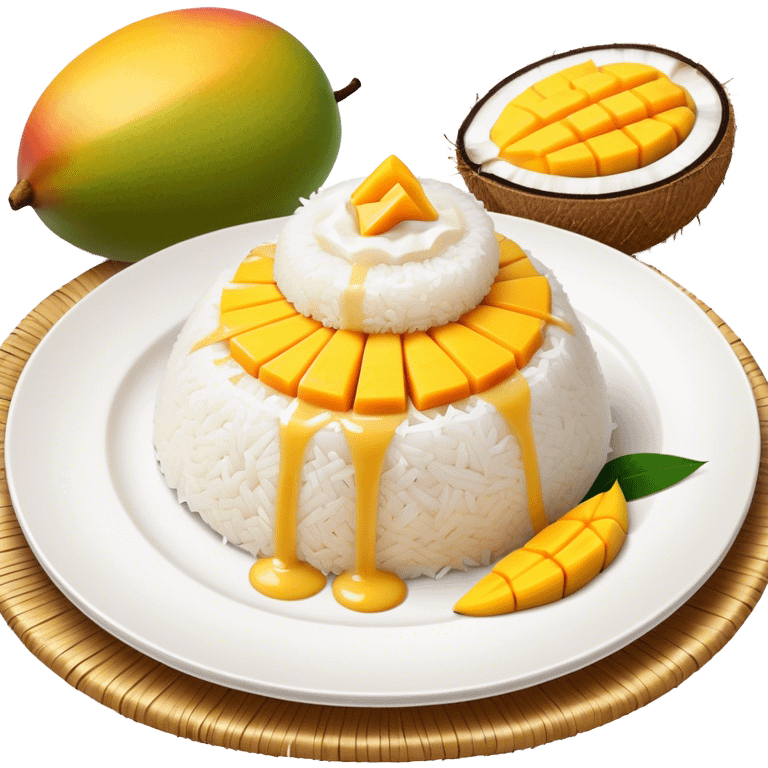 Mango Sticky Rice Cinematic Realistic Mango Sticky Rice Dessert Emoji, depicted as sticky rice drizzled with coconut milk topped with a layer of coconut cream, accompanied by sliced mango on the side of the plate, rendered with vivid textures and warm, tropical lighting. emoji