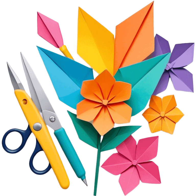 Paper crafting icon, various paper crafts like origami, paper flowers, and scrapbooking materials, visible tools such as scissors, glue stick, and paper sheets, colorful paper patterns, minimalistic style, clean lines, transparent background. emoji