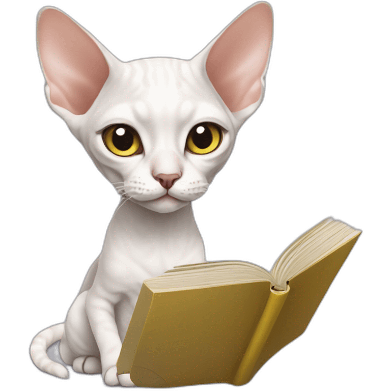 Slim white devon rex with grey eyes reading book emoji