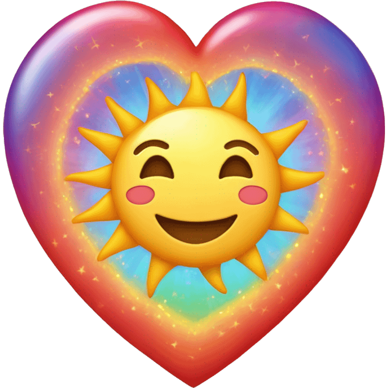 A smiling sun with heart-shaped rays. Inside the heart, two interlocking wedding rings. The sun's eyes are tiny red hearts. A small rainbow arcs below, connecting the rings. emoji