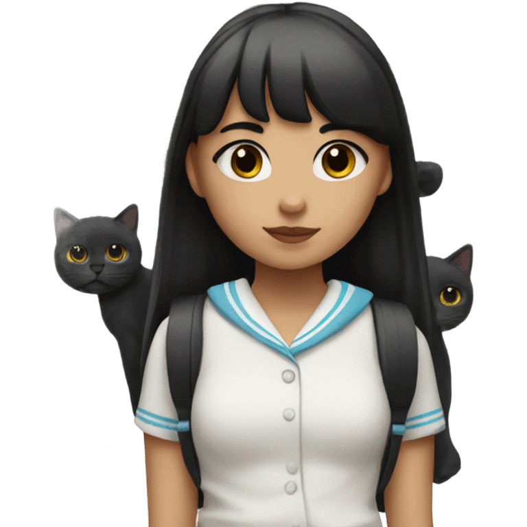  A schoolgirl with black bangs holding a black spotted cat emoji