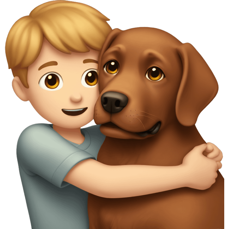 Red Labrador giving brown haired boy a hug emoji