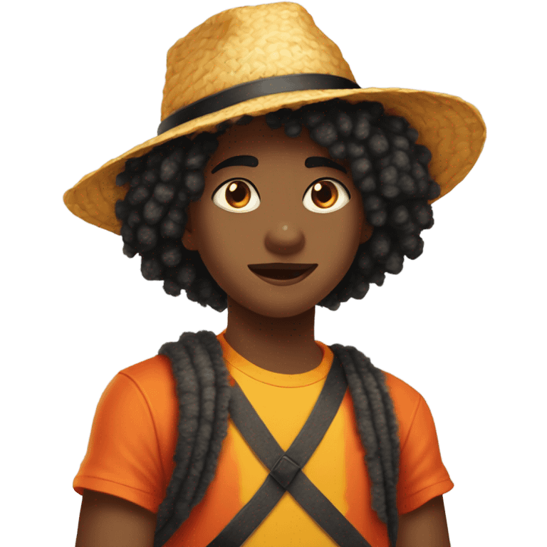 Teenager with black fluffy hair with a small black scar under right eye wearing a orange yellow straw hat that is wrapped with ribbon, wearing a red tank top emoji