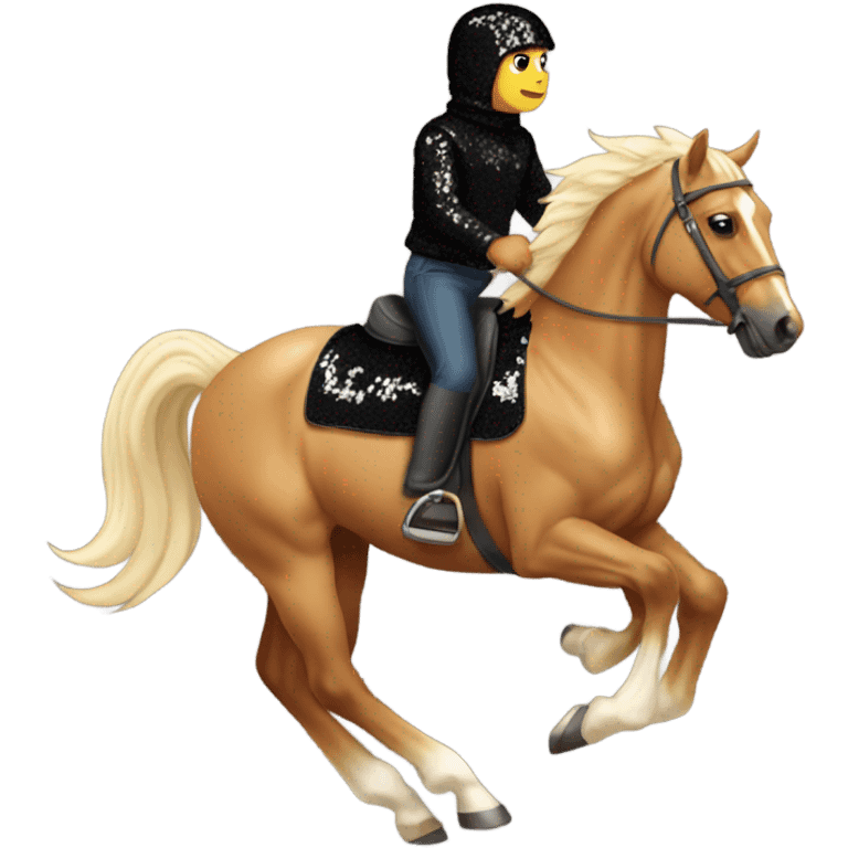  A Palomino horse running with a black sequin rug on the back and a brown rider on the back  emoji