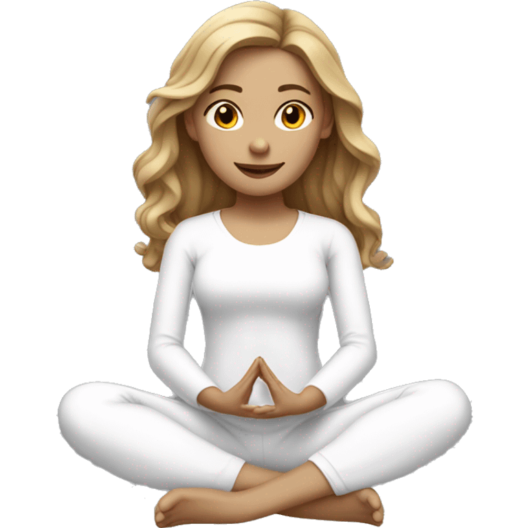 Girl Long Wavy dark Blonde hair yoga pose sitting white clothes emoji