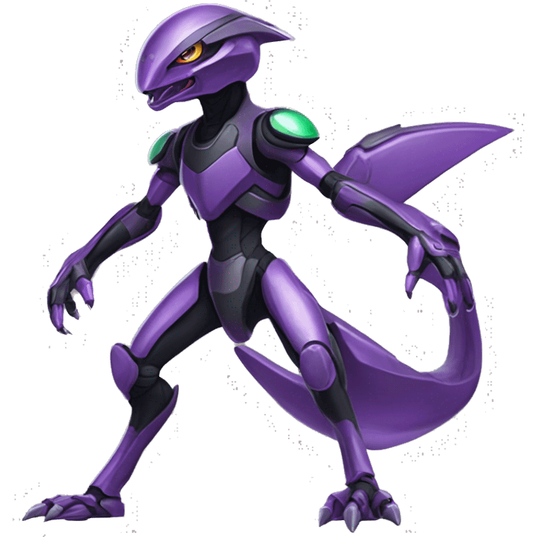 a shiny black-purple-green Genesect-Raptor-Fakémon—hybrid with a futuristic visor-helmet full body emoji