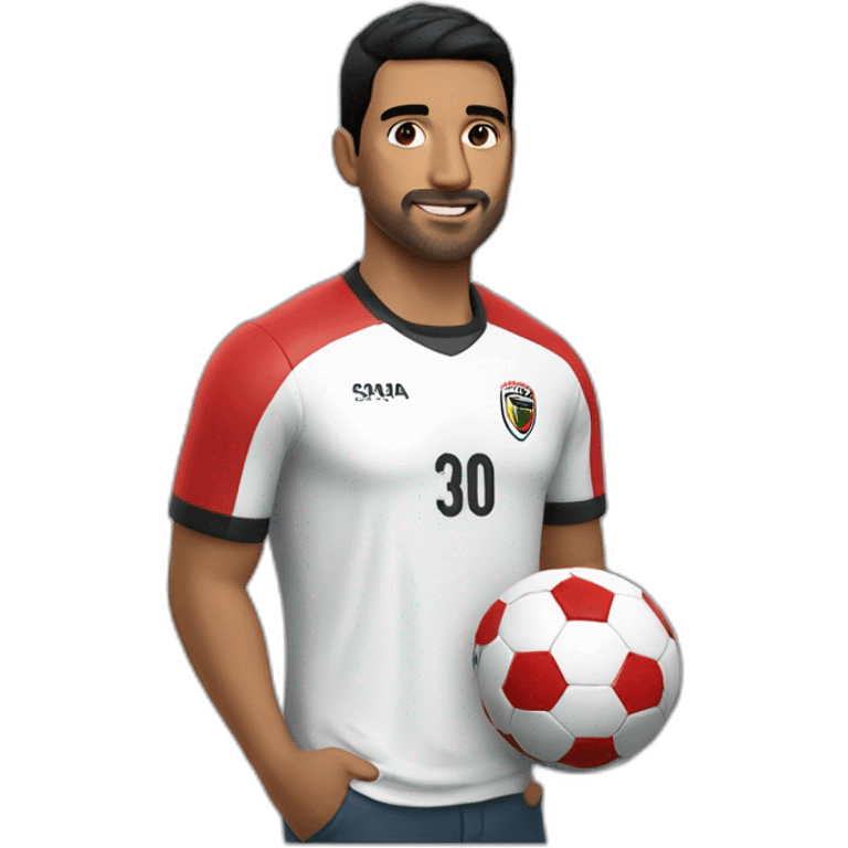 A man with 30 years old with a moderna black hair dressing a football tshirt of são paulo football club  emoji