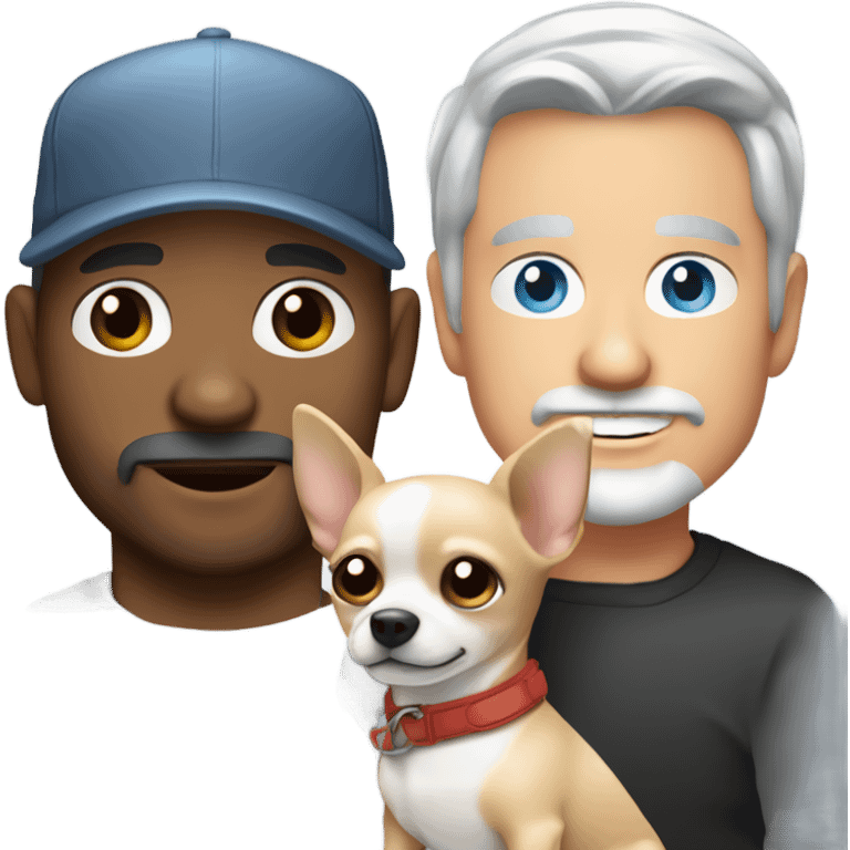 blue eyed man with gray hair and goatee wearing ball cap holding chihuahua with long black hair emoji