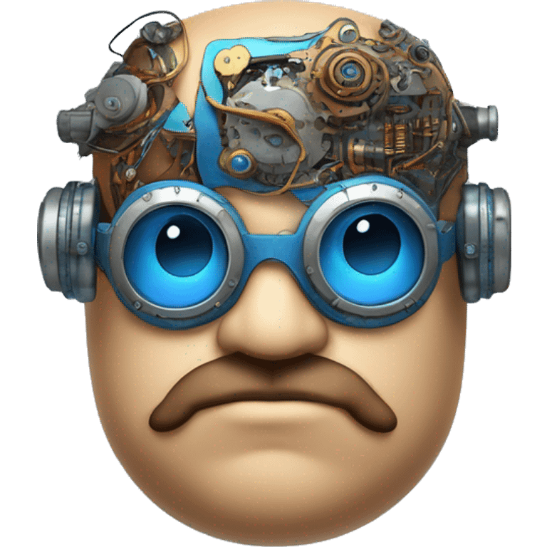 Fat cyborg head with blue steampunk goggles, brown beard and circuits emoji