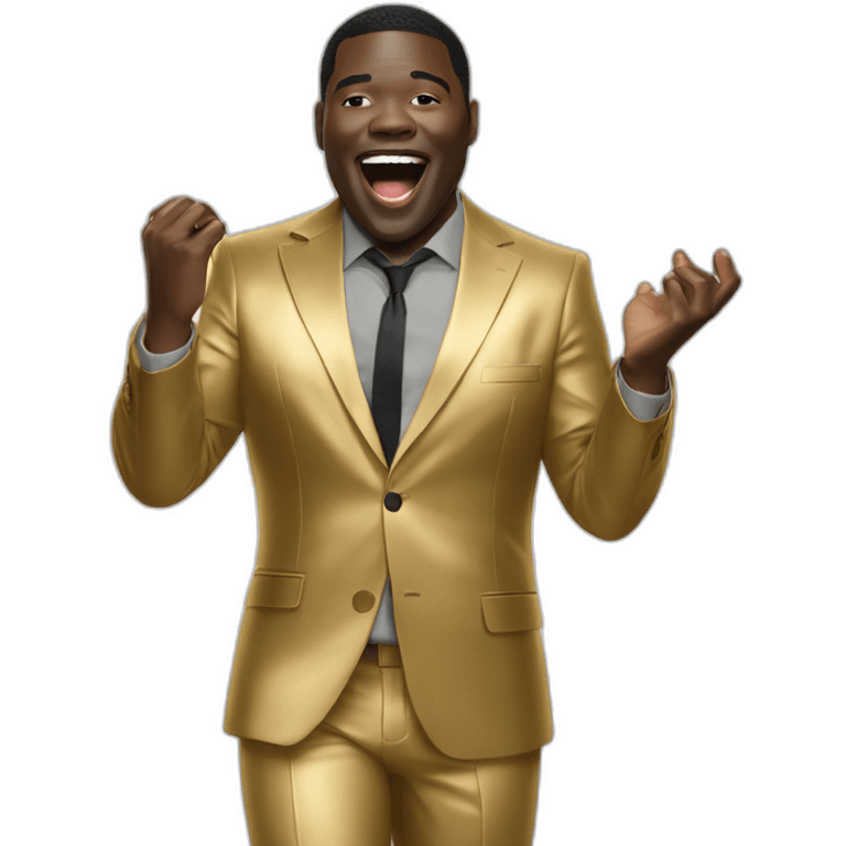 sam richardson in a gold suit singing into a microphone full body dancing emoji