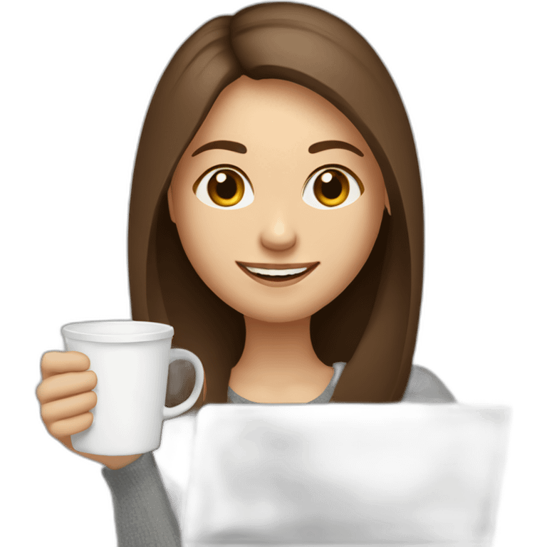 smiling woman with middle brown straight long hair and pale skin behind a laptop sipping coffee from a mug emoji