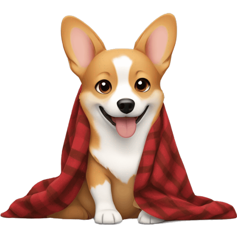 A girl with blonde hair is sitting under a blanket with a black-red-brown corgi emoji