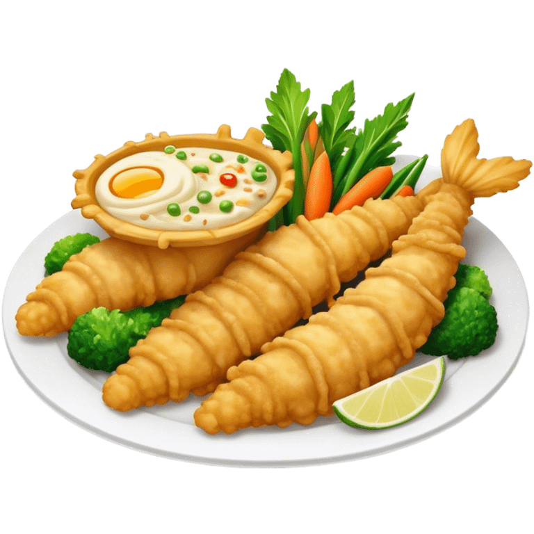 Tempura Cinematic Realistic Tempura Dish Emoji, depicted as extra crispy, lightly battered seafood and vegetables, rendered with vivid textures and dynamic, bright lighting. emoji