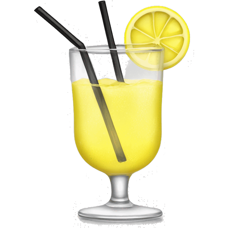 short clear drink glass with clear yellow bubbly liquid in it with a lemon garnish on the rim and black straw emoji