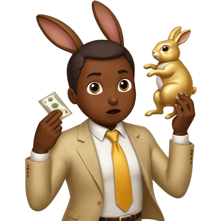 Create an emoji of a desperate entrepreneur sweating and chasing a golden rabbit holding a dollar bill. The rabbit is always slightly ahead, impossible to catch. The character looks frustrated, exhausted, and stuck in an endless race emoji