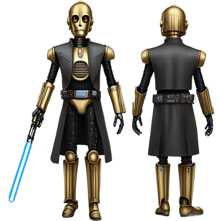 tarnished undercover tough well-equipped jedi first order life-sized darkblue-pearl C3po as a friendly bounty hunter droid wearing a leather clothing old west duster coat holding light saber emoji