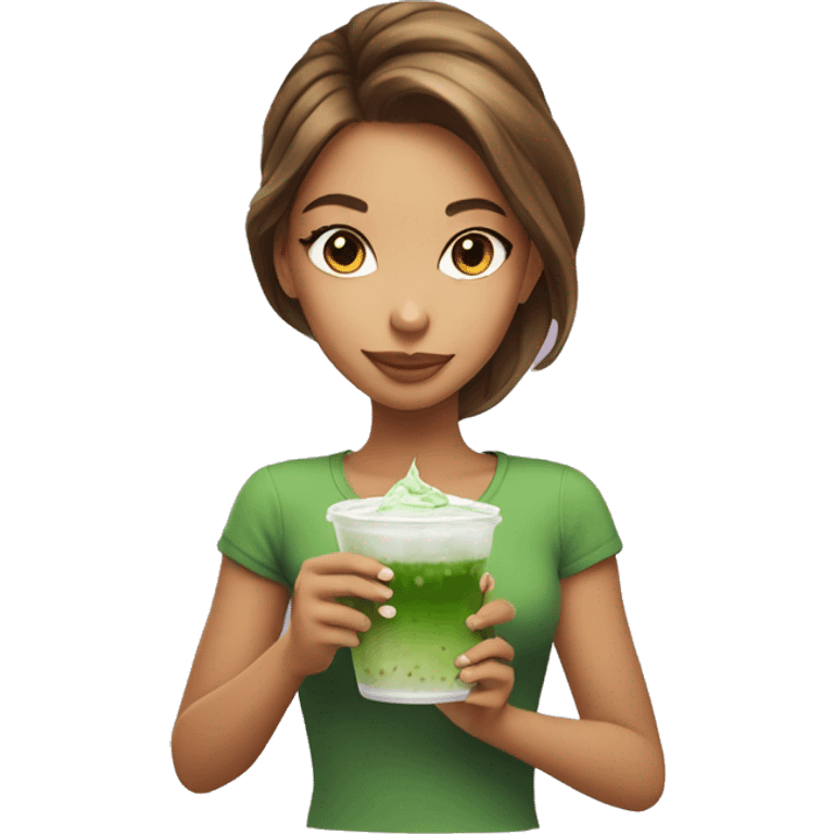 Beautiful girl with brawn hair holding cup of iced matcha  emoji