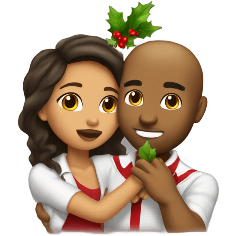 Puerto Rican girl kissing light skin man under a mistletoe emoji