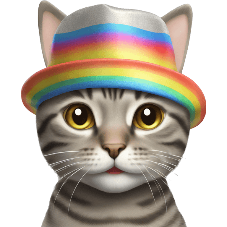 grey tabby cat wearing a rainbow propeller￼ hat  emoji