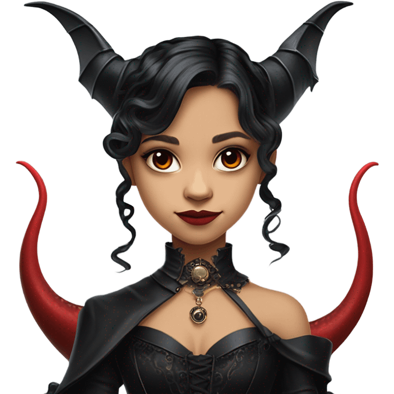 surprised Lavish Victorian black evening gown with gloves, Jenna Ortega as Addams girl Jedi wearing a steampunk mini tiara, very large blood red evil-looking horned dragon emoji