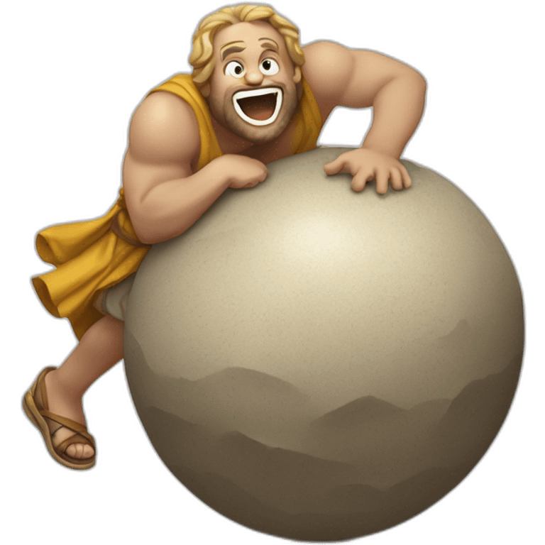 greek mythical guy sisyphus rolling up a big laughing emoji uphill emoji