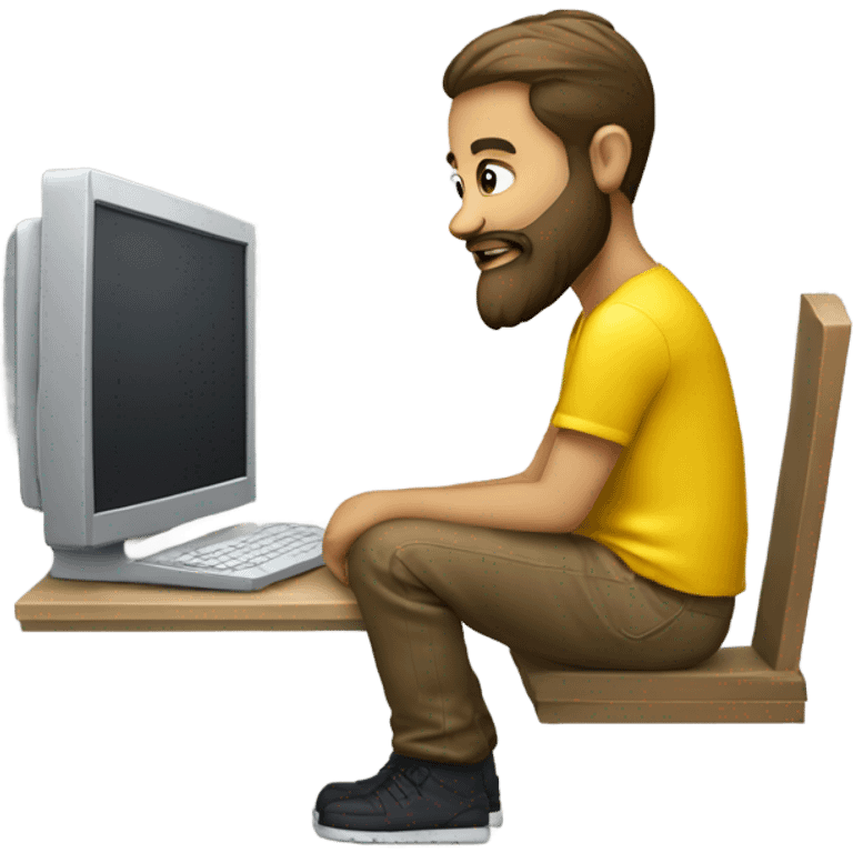 create a boy sitting with apple computer, beard and yellow glas emoji