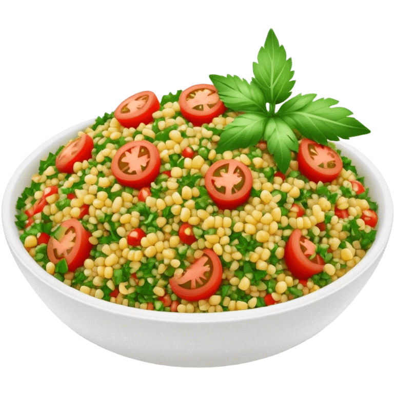 Cinematic Realistic Tabbouleh Salad Dish Emoji, showcasing a fresh herbaceous salad with bulgur, tomatoes, and parsley rendered with crisp textures and natural, vibrant lighting. emoji