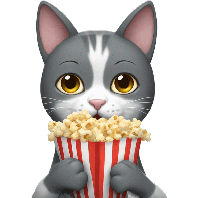 Dark gray and white cat holding popcorn emoji