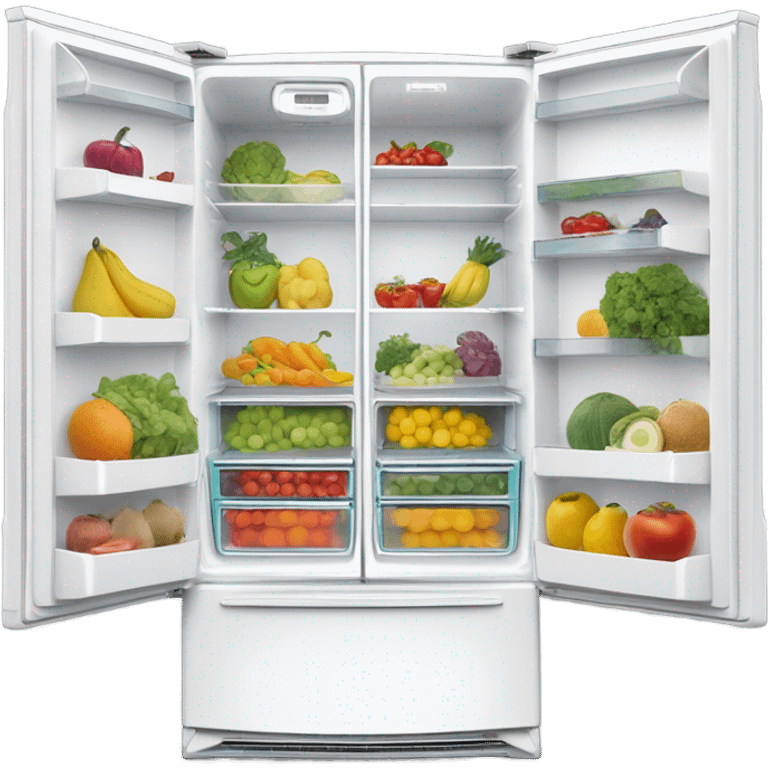 A white double door fridge with both doors open. Inside it has shelves with fruit and vegetables in organized containers  emoji