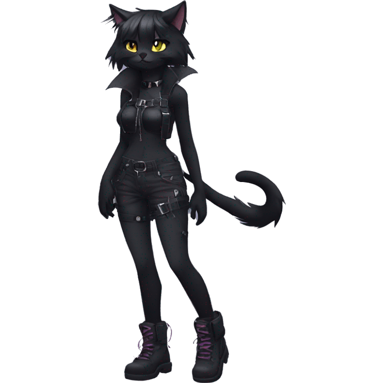 Anthro Edgy Cool Beautiful Black Cat-Fursona-Fakemon with Emo Hair-bangs with Chest Harness emoji