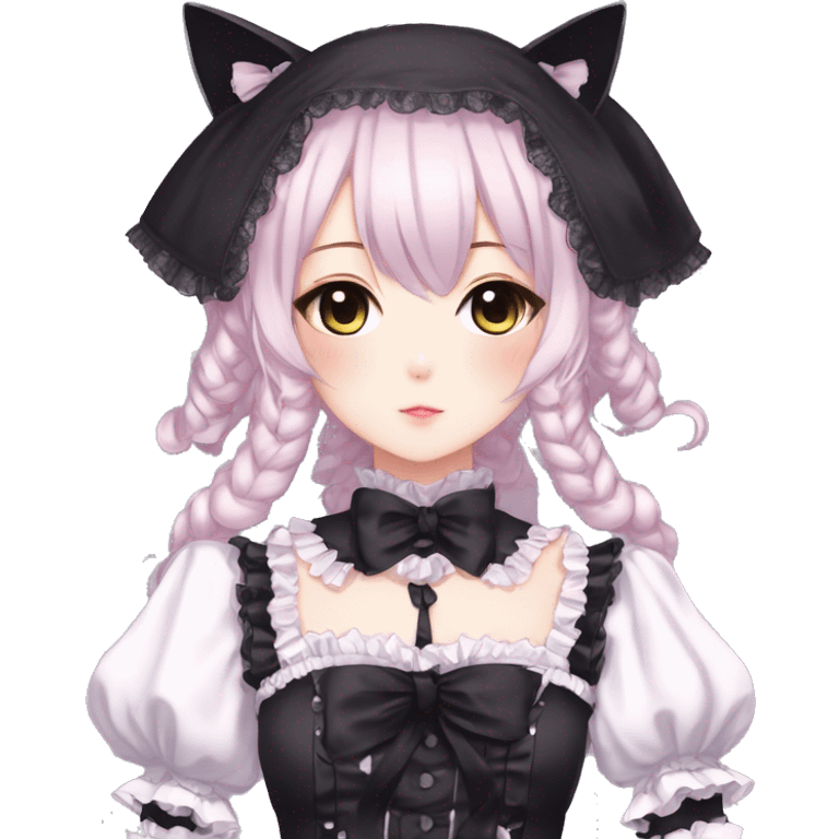 Gorgeous gothic Lolita anime style catgirl with blushing face with maid outfit laces headdress idol model kawaiicore pearly petite simplistic aesthetic trending style emoji