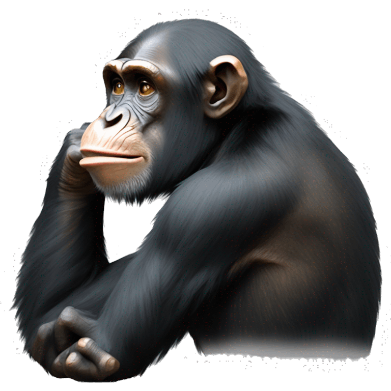 chimpanzee in a thoughtful pose, reminiscent of "The Thinker" by Rodin. The chimp is facing left, resting its chin on its hand, with a slightly furrowed brow, as if contemplating something deeply. emoji