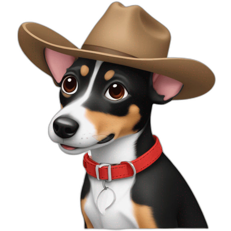 rat terrier wearing a cowboy hat and red collar smiling no brown (black and white) emoji