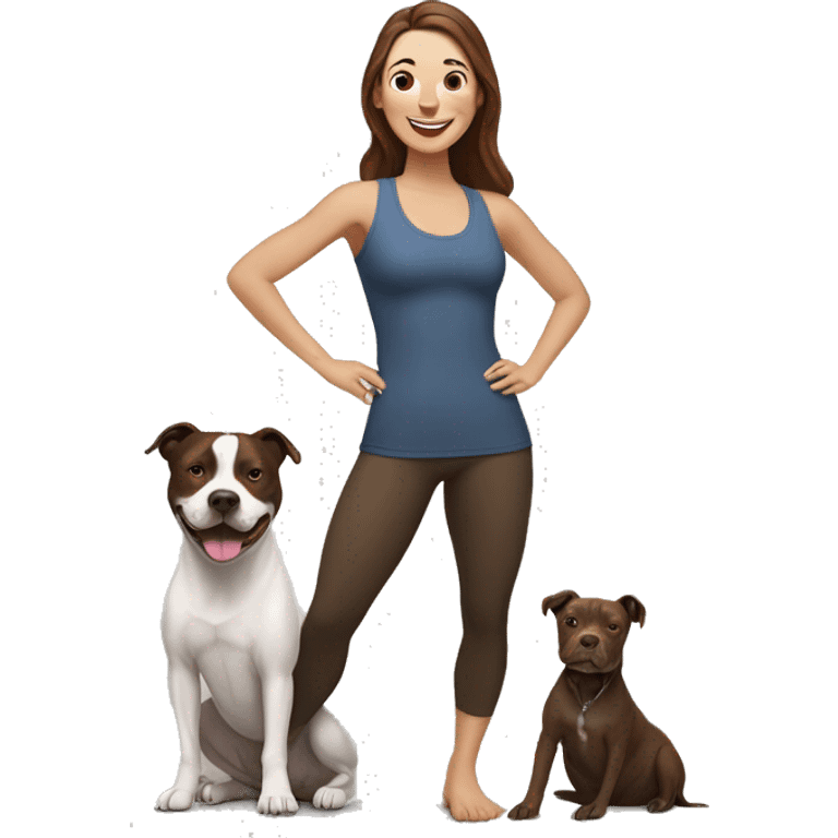 white woman with long dark brown hair expressing joy dressed in a yoga outfit alongside a pitbull dog emoji