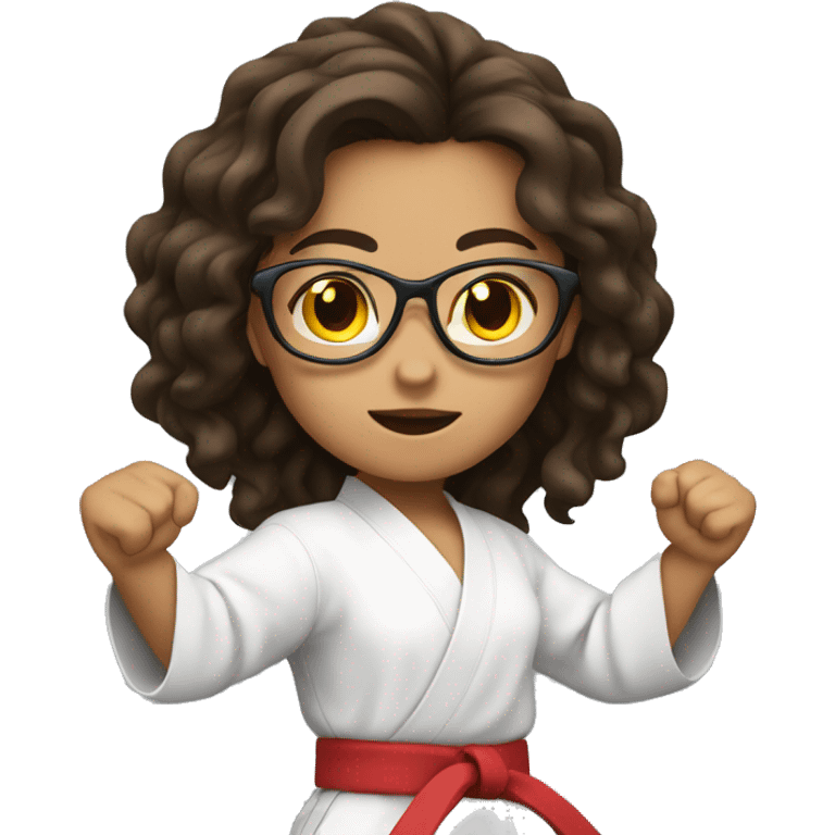 Girl with long wavy brunette hair and glasses doing karate stance emoji