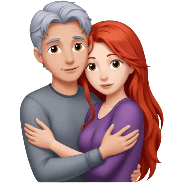 Long red hair woman and young gray hair man hugging emoji