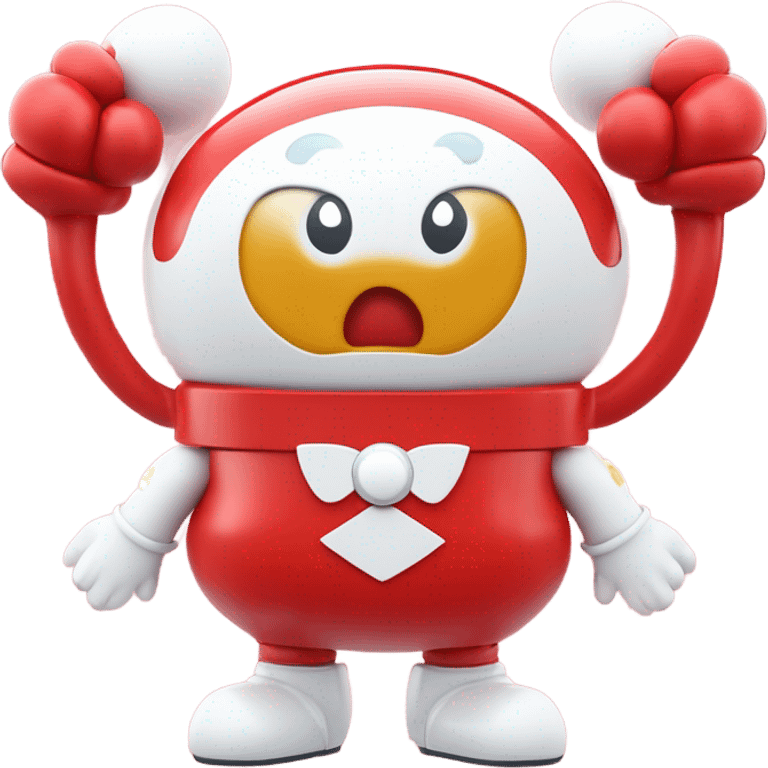 Very shiny full body character with pill capsule head with retro antennae and jetsons aesthetic sailor moon eyes  puffy body and welcoming waving arms Japanese animation inspired Anpanman with big boots and antennae red and white colors only emoji