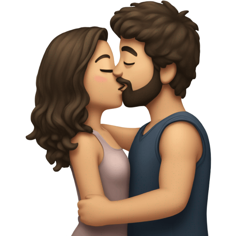 Brunette girl kiss on check brunette boy with beard emoji