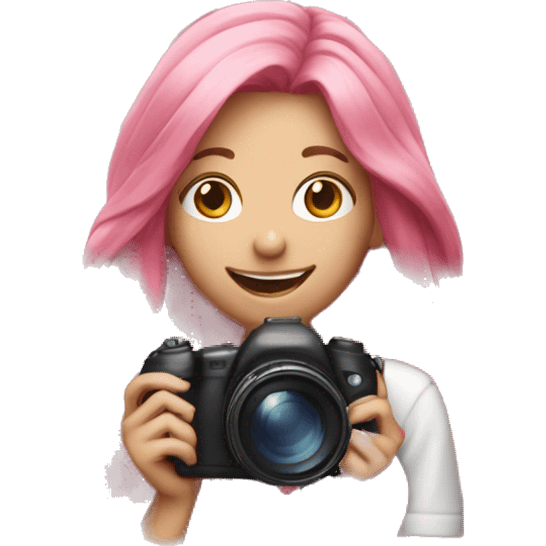 smiling girl with long pink hair holding a camera emoji