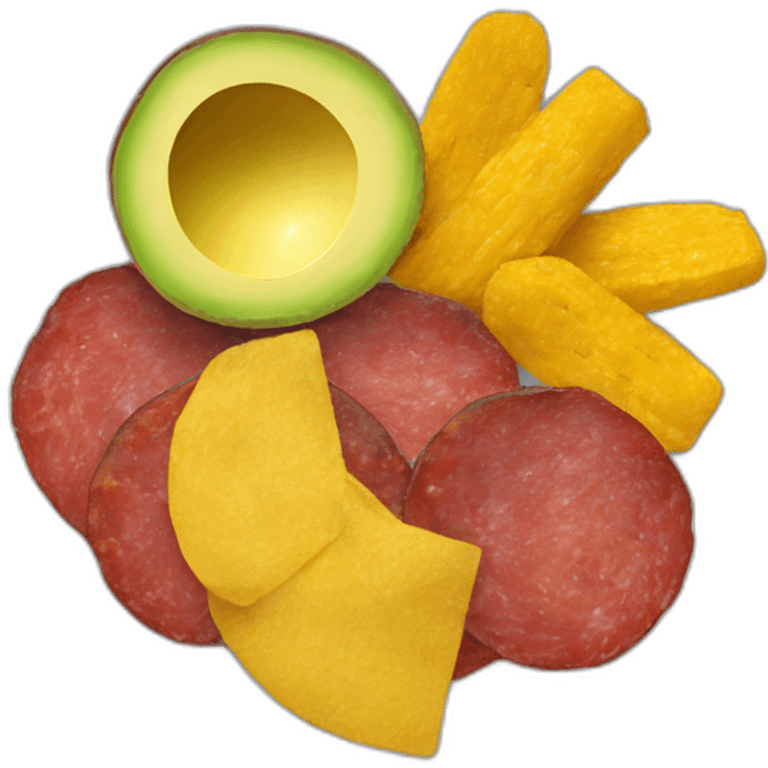 Dominican plate with tostones, avocado and fried salami emoji