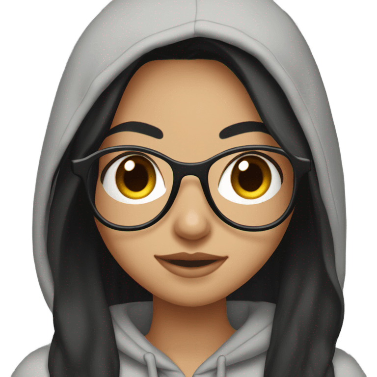 Pretty girl, Black long hair,big brown eyes,in a light grey hoodie,with a pair of black glasses  emoji