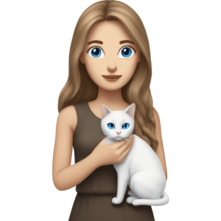 woman with long brown hair and holding an all-white British cat with blue eyes emoji