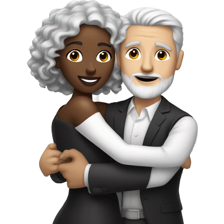 A pale white man with grey hair and with a goatee has just married, with a black woman with  neck length curly 
 brown hair and a brown complexion. They have a lot of money. they are hugged emoji